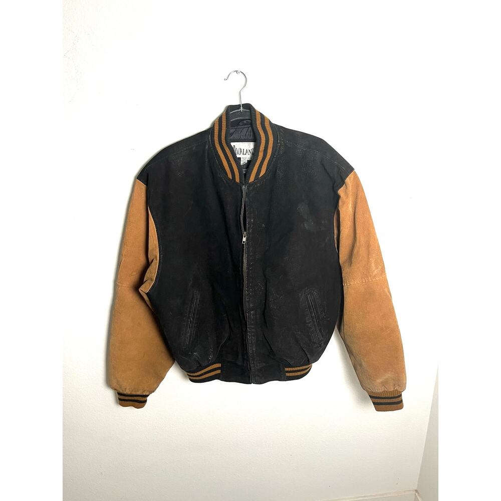Avalanche Mens Large Leather Varsity Bomber Jacket Black Tan Grunge Western Y2K - Picture 4 of 6